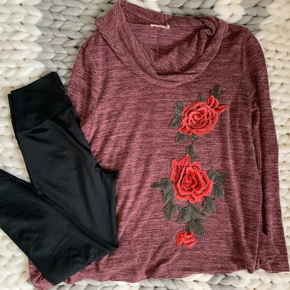 Purple Cowl Neck Sweater with Floral Elements